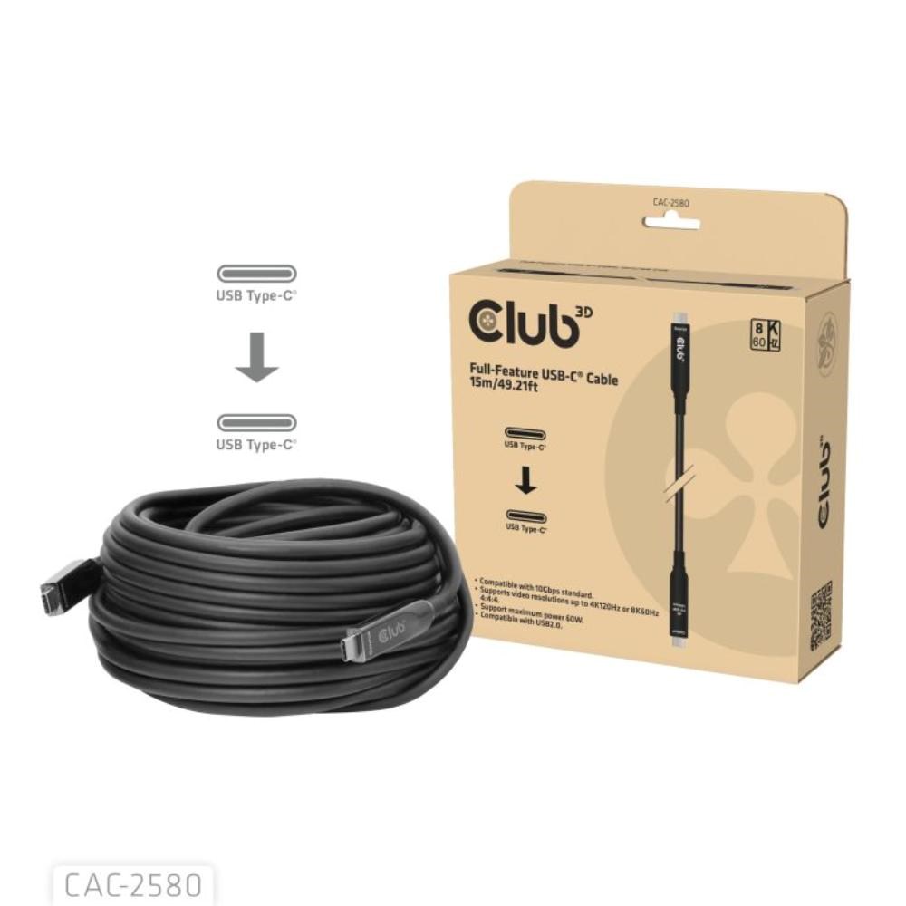 Club3D Kabel USB-C,  10 Gbps,  4K120Hz,  8K60Hz,  60W,  Bi-directional,  15m,  černá0 