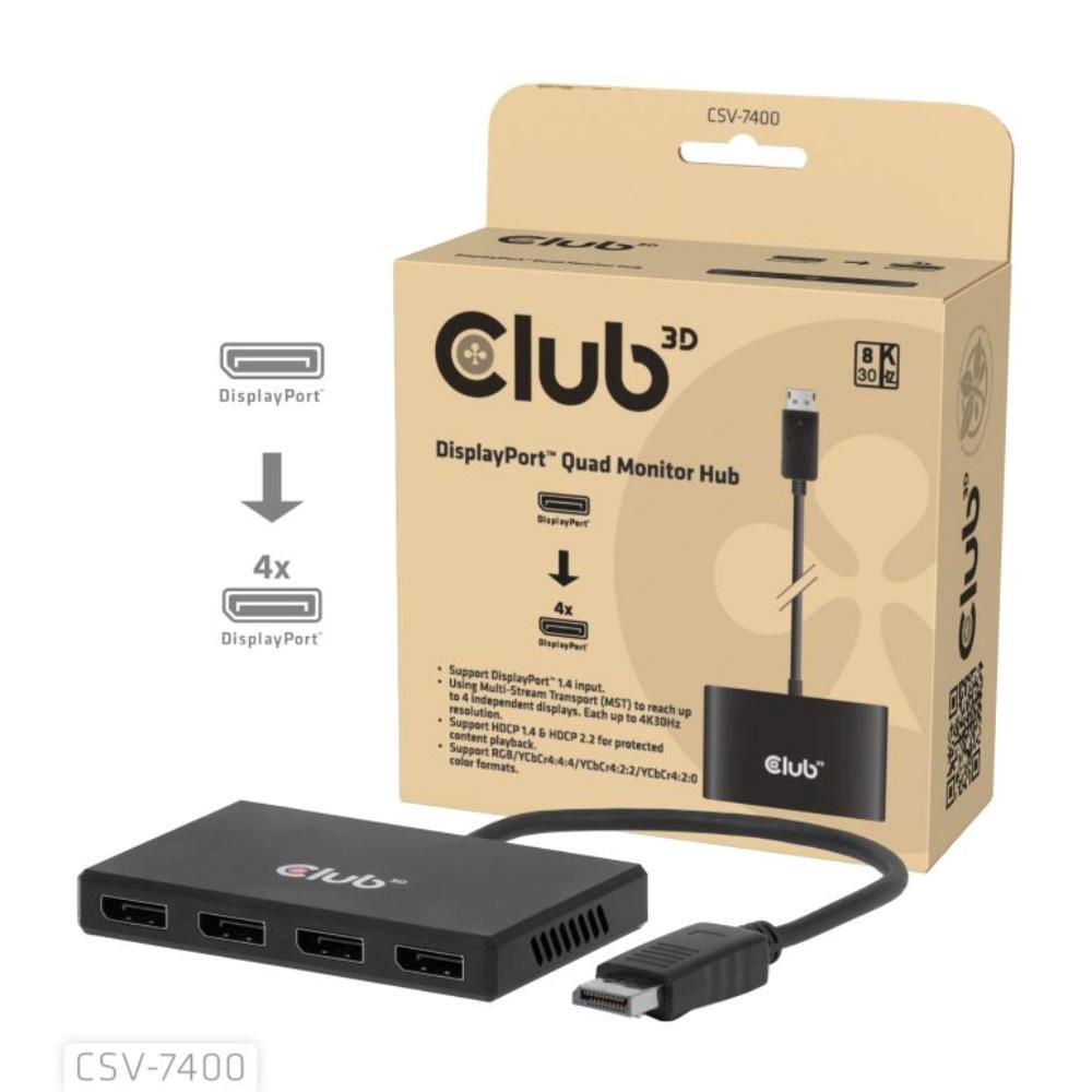 Club3D hub MST (Multi Stream Transport) DisplayPort 1.4 na 4x DisplayPort,  Quad monitor,  4x 4K30Hz,  8K30Hz0 