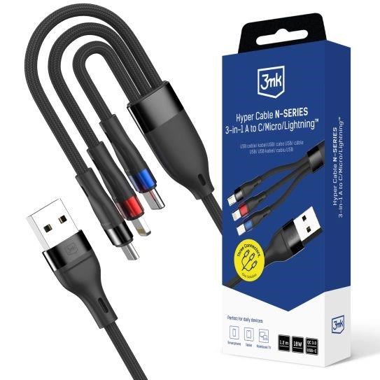 3mk kabel Hyper Cable N-SERIES A to C/ Lightning/ Micro 1.2m 9V/ 2A 18W QC3.0 Black0 
