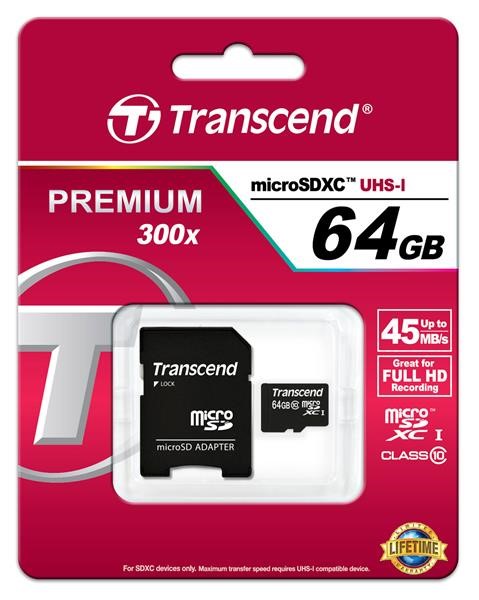 Karta TRANSCEND MicroSDXC 64 GB Class 10,  UHS-I (45 MB/ s)0 