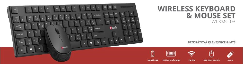 BAZAR - C-TECH klávesnice s myší WLKMC-03,  Bezdrátový set 2.4GHz,  CZ,  Černá,  rozbaleno4 