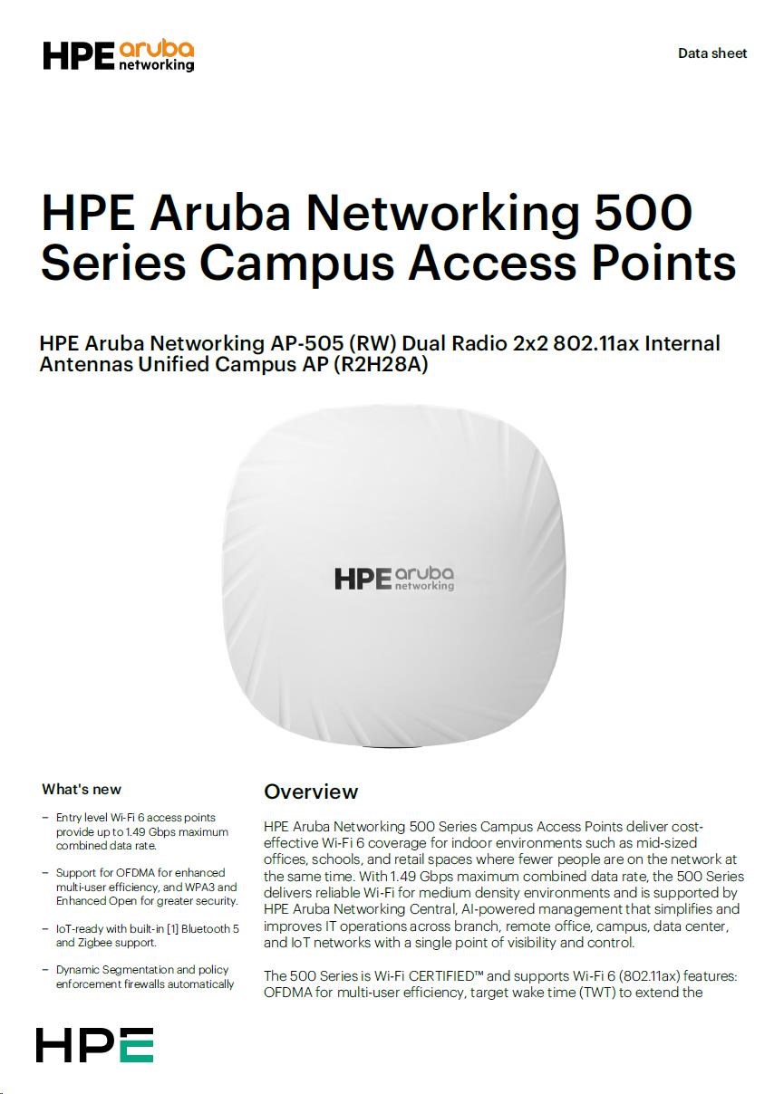 5 x HPE Aruba Networking AP-505 (RW) Dual Radio 2x2 802.11ax Internal Antennas Unified Campus AP ( 5 x R2H28A )2 