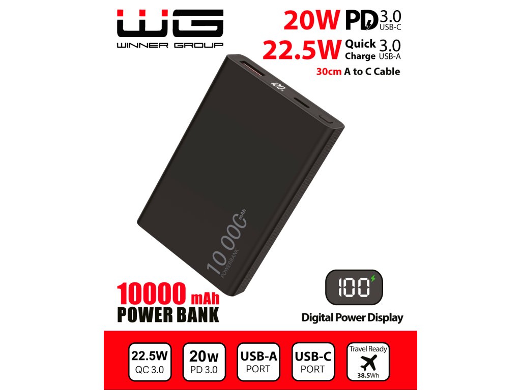 WG - Power Bank 10000 mAh,   USB-C PD 20W + USB-A 22.5W,  černá0 