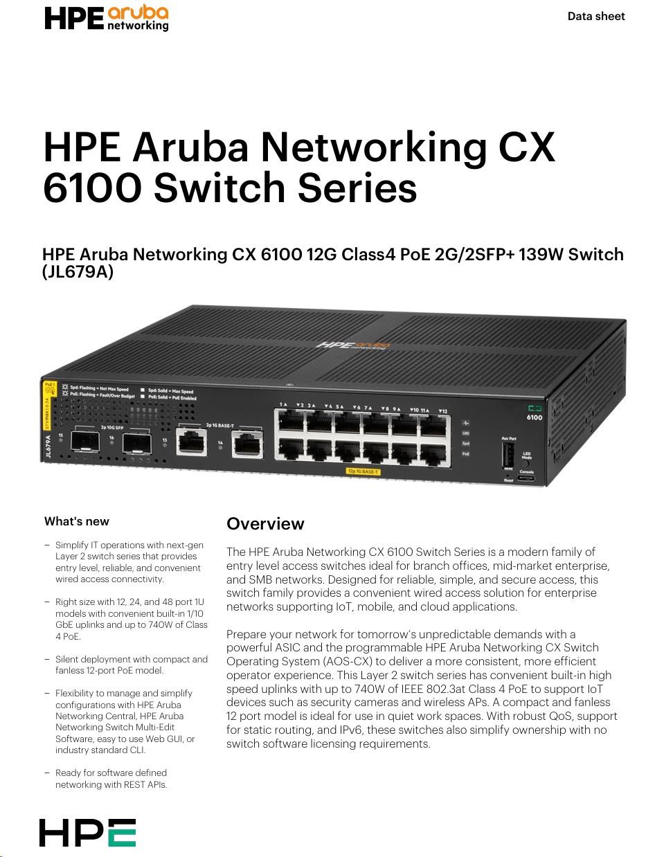 Aruba 6100 12G Class4 PoE 2G/ 2SFP+ 139W Switch JL679A RENEW4 