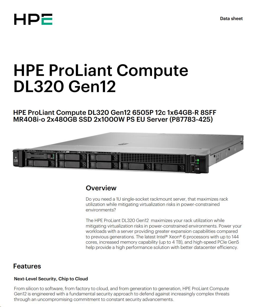 HPE PL DL320g12 6505P (2.2/ 12C) 1x64G (P69728) MR408i-o 8SFF 2x480G 2x1000W 1GbE PF NBD333 Smart Choice5 