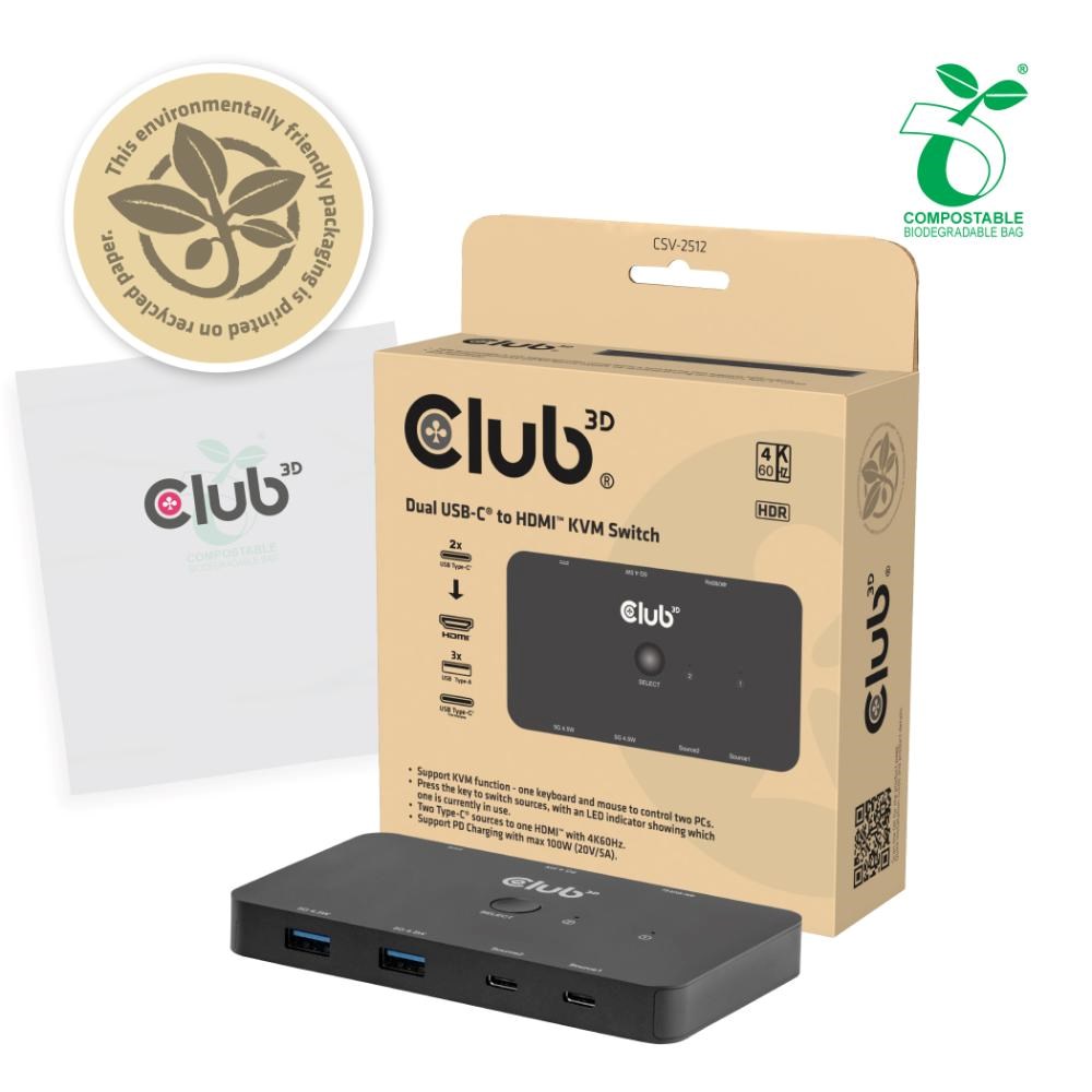 Club3D KVM Switch,  2xUSB-C na HDMI,  4K60Hz,  PD 100W8 