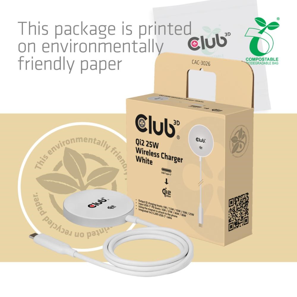 Club3D Bezdrátová nabíječka,  1x Qi2 25W,  MagSafe,  Qi certifikováno,  bílá7 