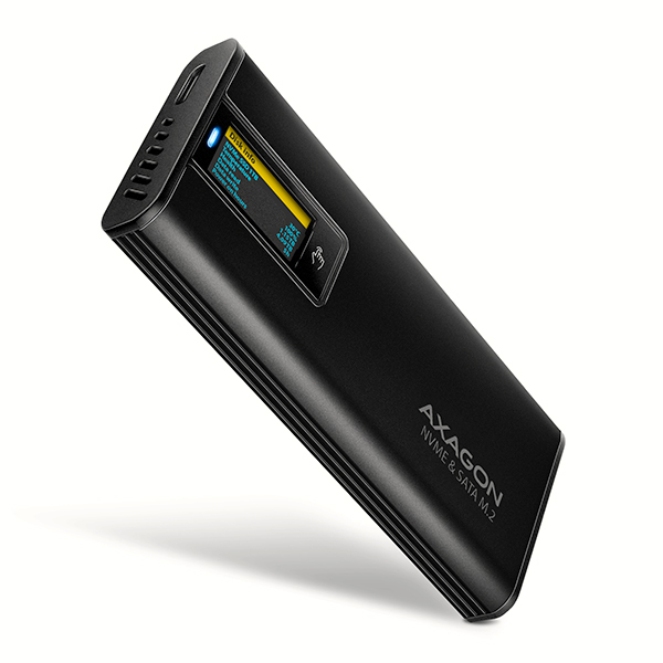 AXAGON EEM2-SD2B, USB-C 10Gbps externý box s displejom pre M.2 NVMe/ SATA SSD, bezskrutkový, čierny