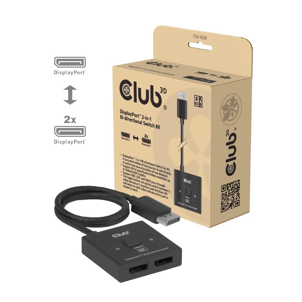 Club3D Switch,  DP na 2x DP Oboustranný 2v1,  8K60Hz,  0, 5m0 