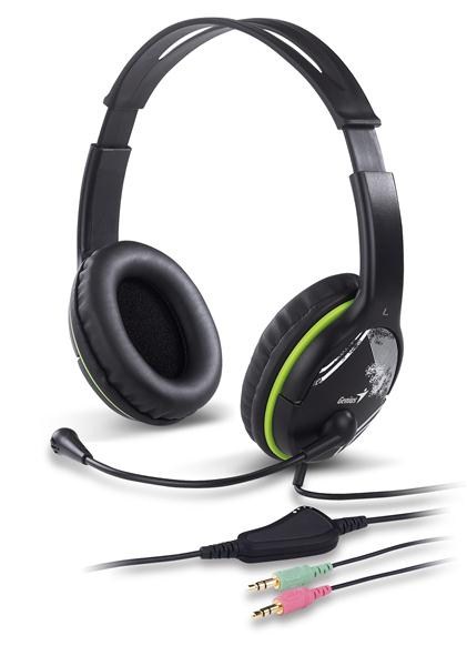 GENIUS sluchátka s mikrofonem HS-400A,  černozelená,  + redukce na Single Jack5 