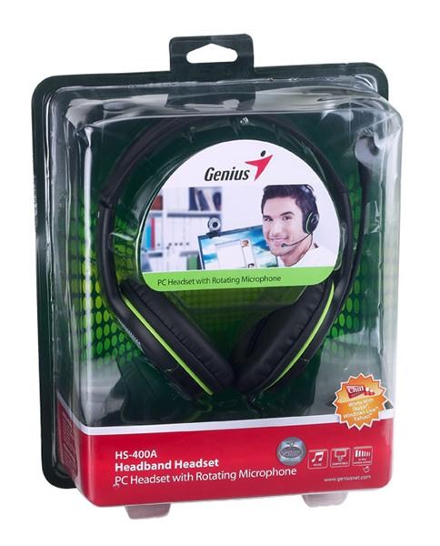 GENIUS sluchátka s mikrofonem HS-400A,  černozelená,  + redukce na Single Jack4 
