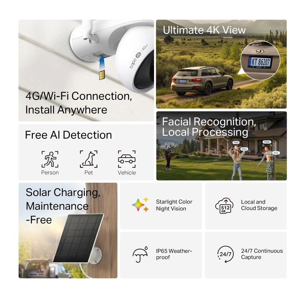 TP-Link Tapo C665G KIT venkovní 4G LTE kamera,  solární panel (8MP,  4K,  2168p,  IR,  4G LTE,  micro SD card,  IP65)1 