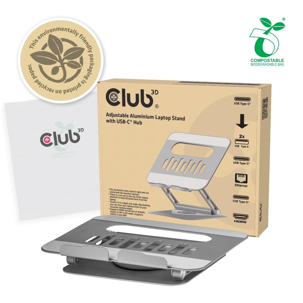 Club3D Nastavitelný hliníkový stojan pro notebook s USB-C hubem na 2xUSB,  1xHDMI,  2xUSB-C,  1xRJ45,  360°,  100W,  4K60Hz4 