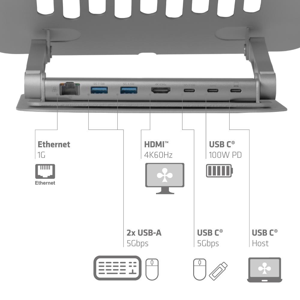 Club3D Nastavitelný hliníkový stojan pro notebook s USB-C hubem na 2xUSB,  1xHDMI,  2xUSB-C,  1xRJ45,  360°,  100W,  4K60Hz6 