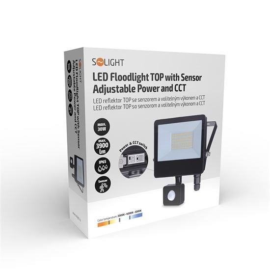 Solight LED reflektor se senzorem TOP,  30W,  max. 3900lm,  3CCT,  volitený výkon 100/ 66%,  IP65,  rychlospojka8 