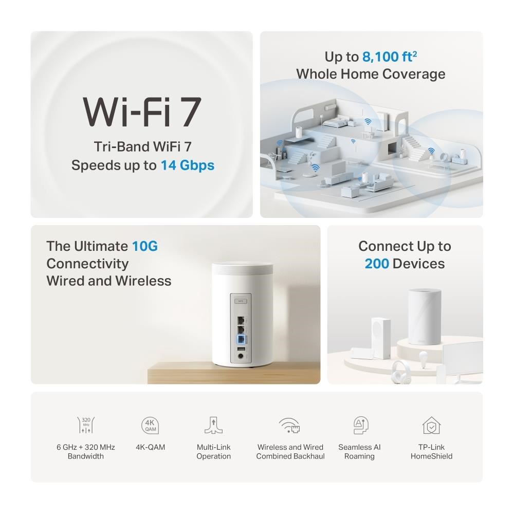 TP-Link Deco BE68(2-pack) WiFi7 Mesh(BE14000, 2, 4GHz/ 5GHz/ 6GHz, 1x10GbELAN/ WAN, 1x2, 5GbELAN/ WAN, 1xGbELAN/ WAN, 1xUSB3.0)3 