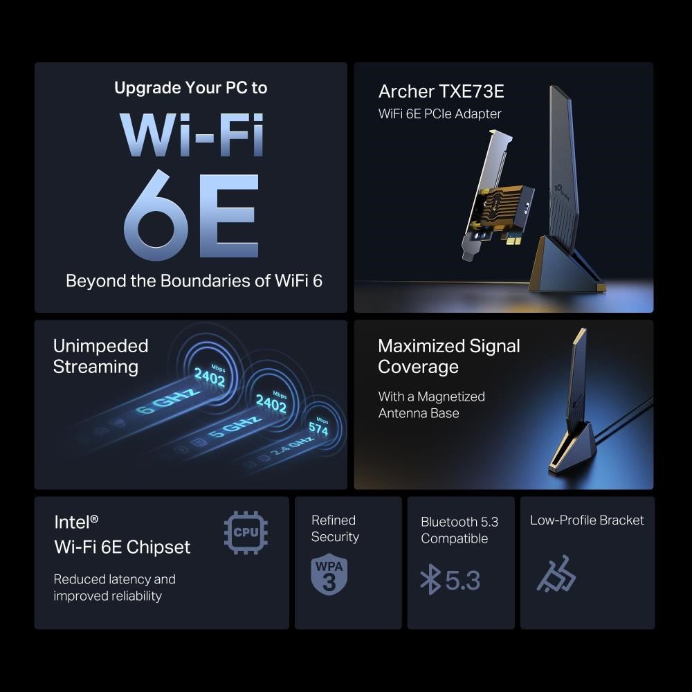 TP-Link Archer TXE73E WiFi6E PCIe adapter (AXE5400, 2, 4GHz/ 5GHz/ 6GHz, Bluetooth5.3)3 
