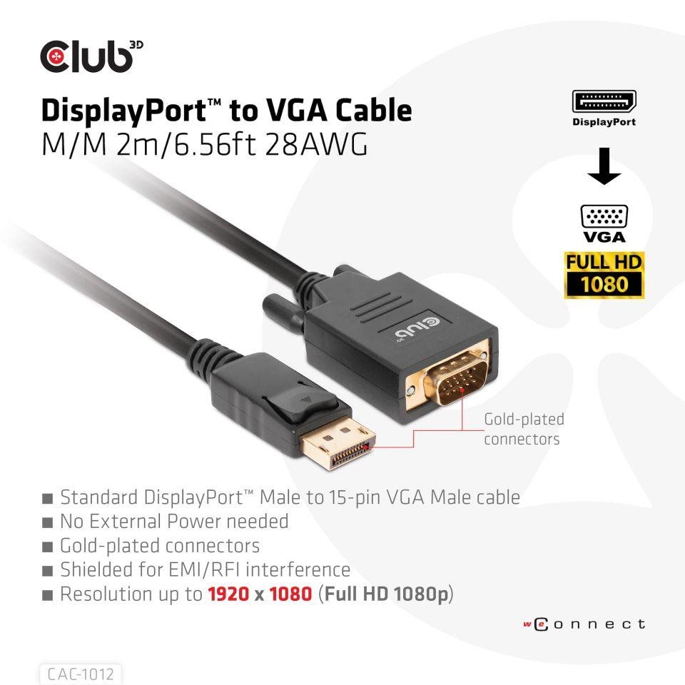 Club3D kabel DP na VGA,  M/ M,  2m,  28 AWG1 