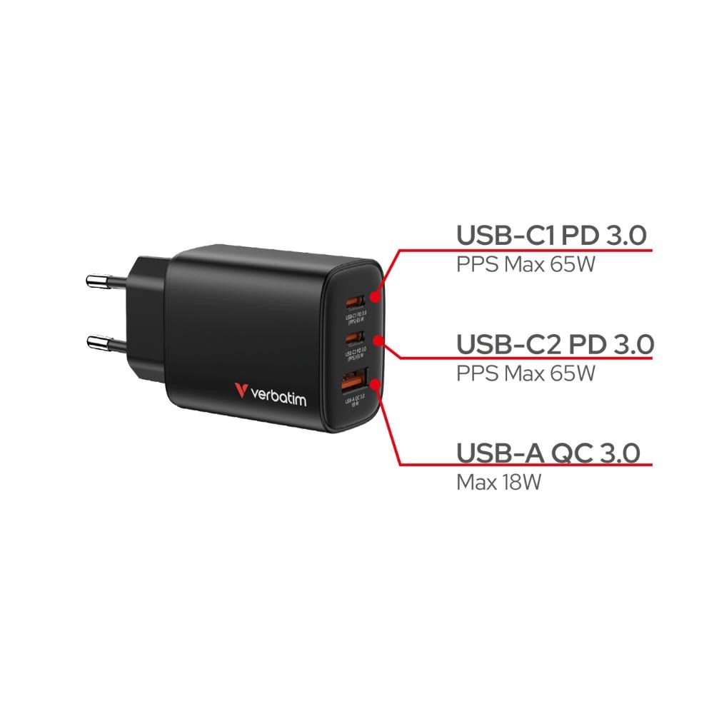 VERBATIM GaN Nabíječka Essentials 65W,  2xUSB-C,  1xUSB-A,  černá1 