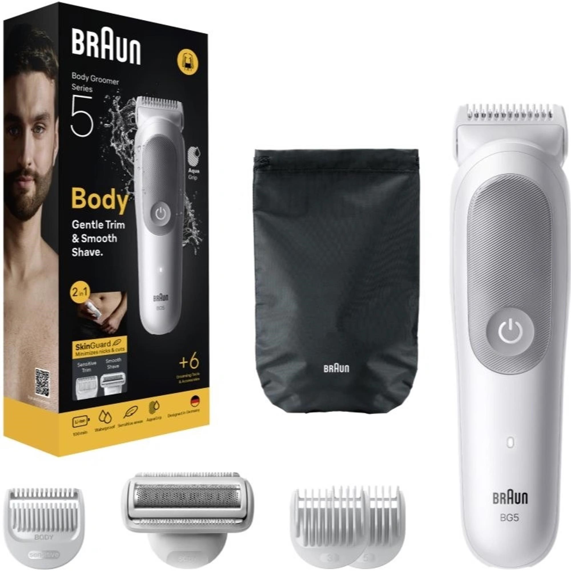 Braun BG5550 tělový zastřihovač,  SkinGuard pro citlivou pokožku,  100 min provozu,  100% vodotěsný,  nástavce0 