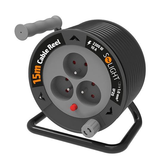 Solight prodlužovací přívod na bubnu 15m,  3 zásuvky,  černý kabel,  3x 1, 0mm20 
