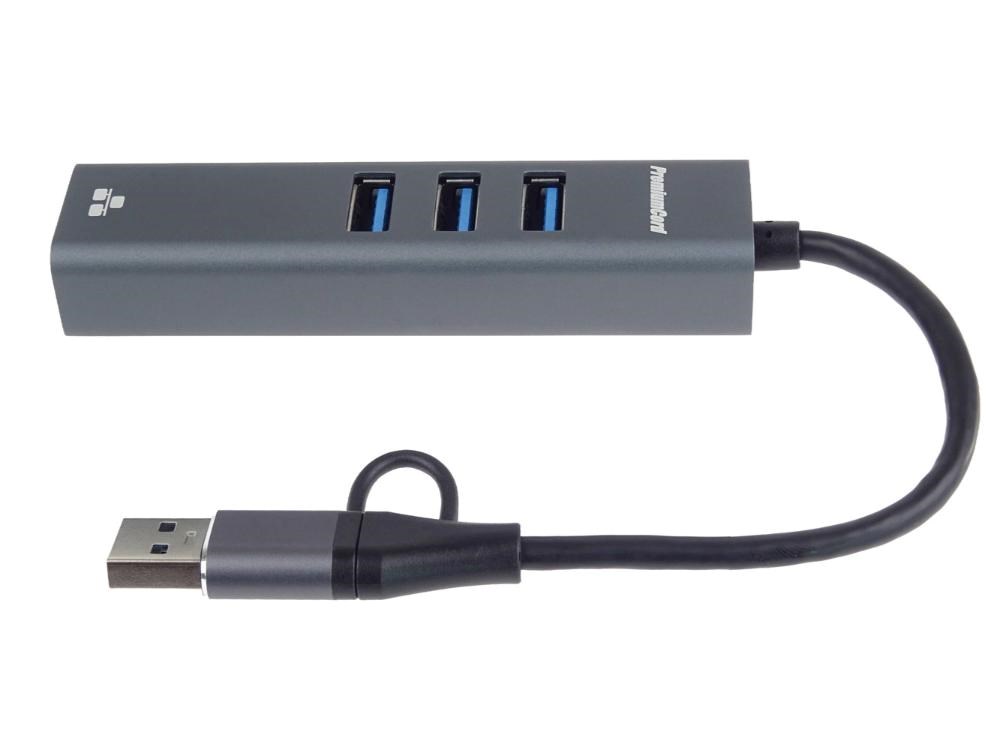 PremiumCord Adaptér USB-C a USB-A na Gigabit 10/ 100/ 1000Mbps + 3x USB 3.2 konektor3 