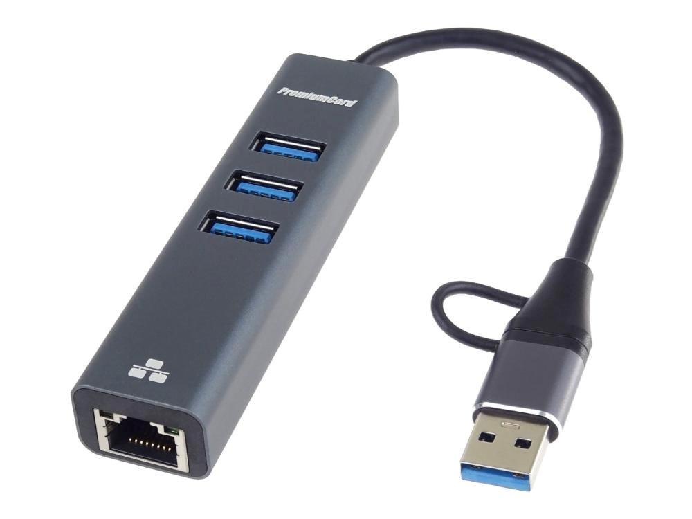 PremiumCord Adaptér USB-C a USB-A na Gigabit 10/ 100/ 1000Mbps + 3x USB 3.2 konektor4 