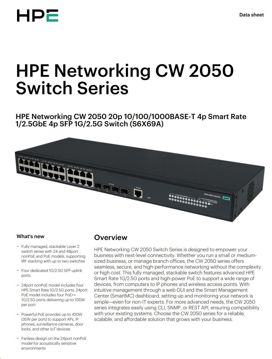 HPE Networking CW 2050 20p 10/ 100/ 1000BASE-T 4p Smart Rate 1/ 2.5GbE 4p SFP 1G/ 2.5G Switch5 