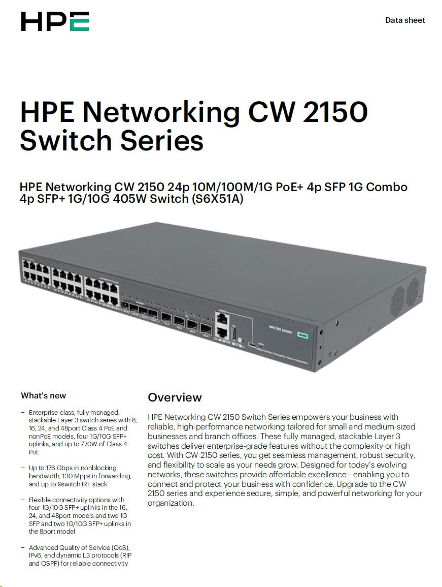 HPE Networking CW 2150 24p 10M/ 100M/ 1G PoE+ 4p SFP 1G Combo 4p SFP+ 1G/ 10G 405W Switch5 