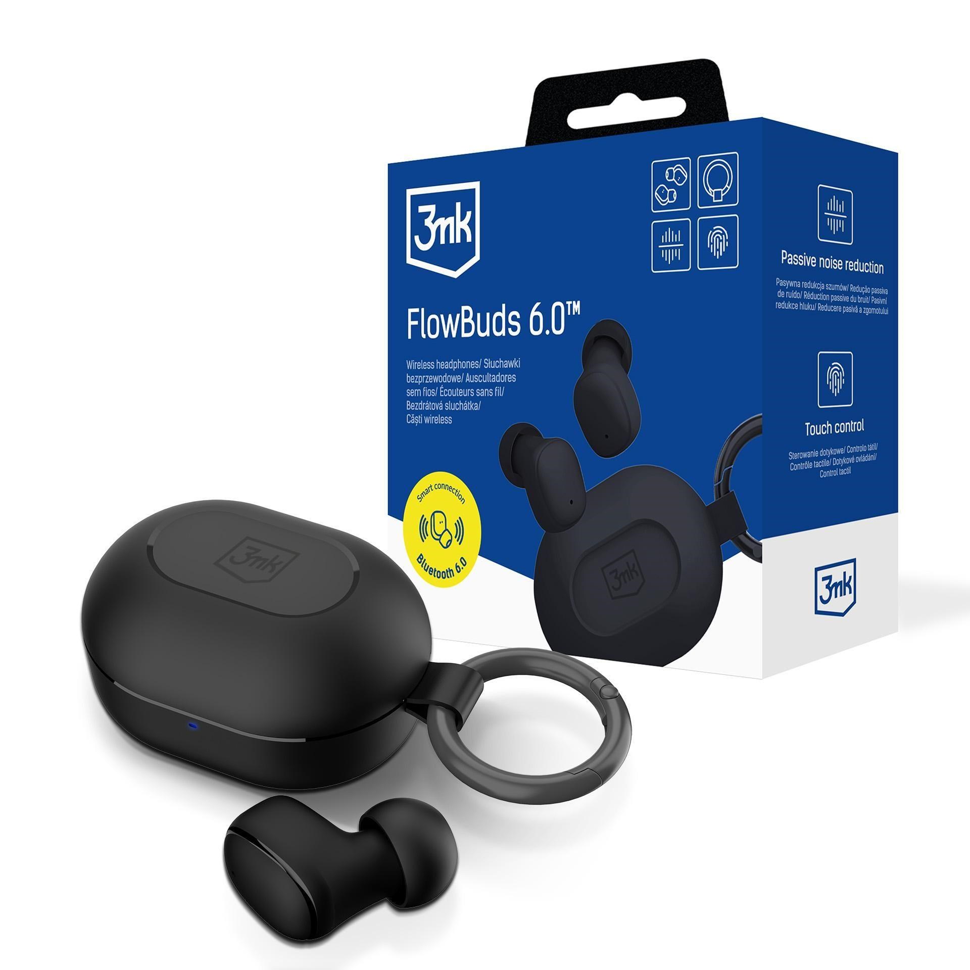 3mk bezdrátová stereo sluchátka FlowBuds 6.0 black,  nabíjecí pouzdro,  černá0 