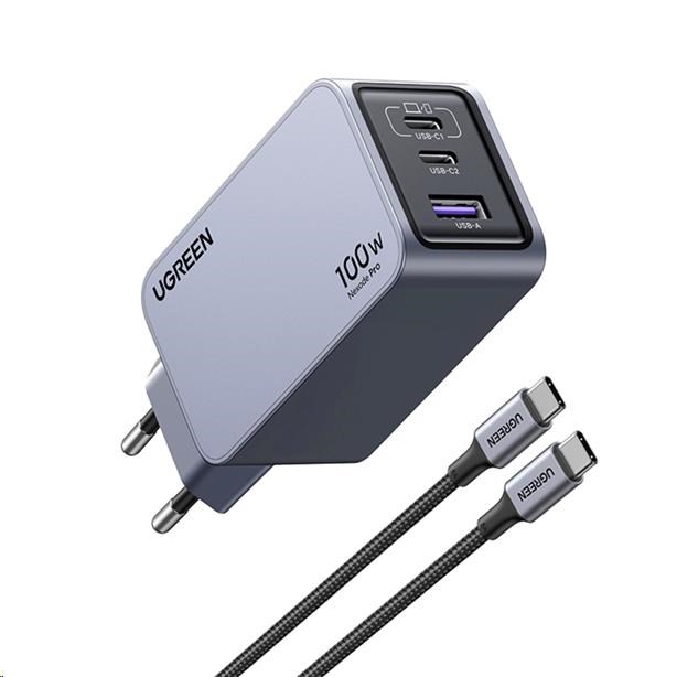 UGREEN síťová rychlonabíječka Nexode Pro 100W 3-Port,  2x USB-C,  1x USB-A,  GaN,  stříbrná0 