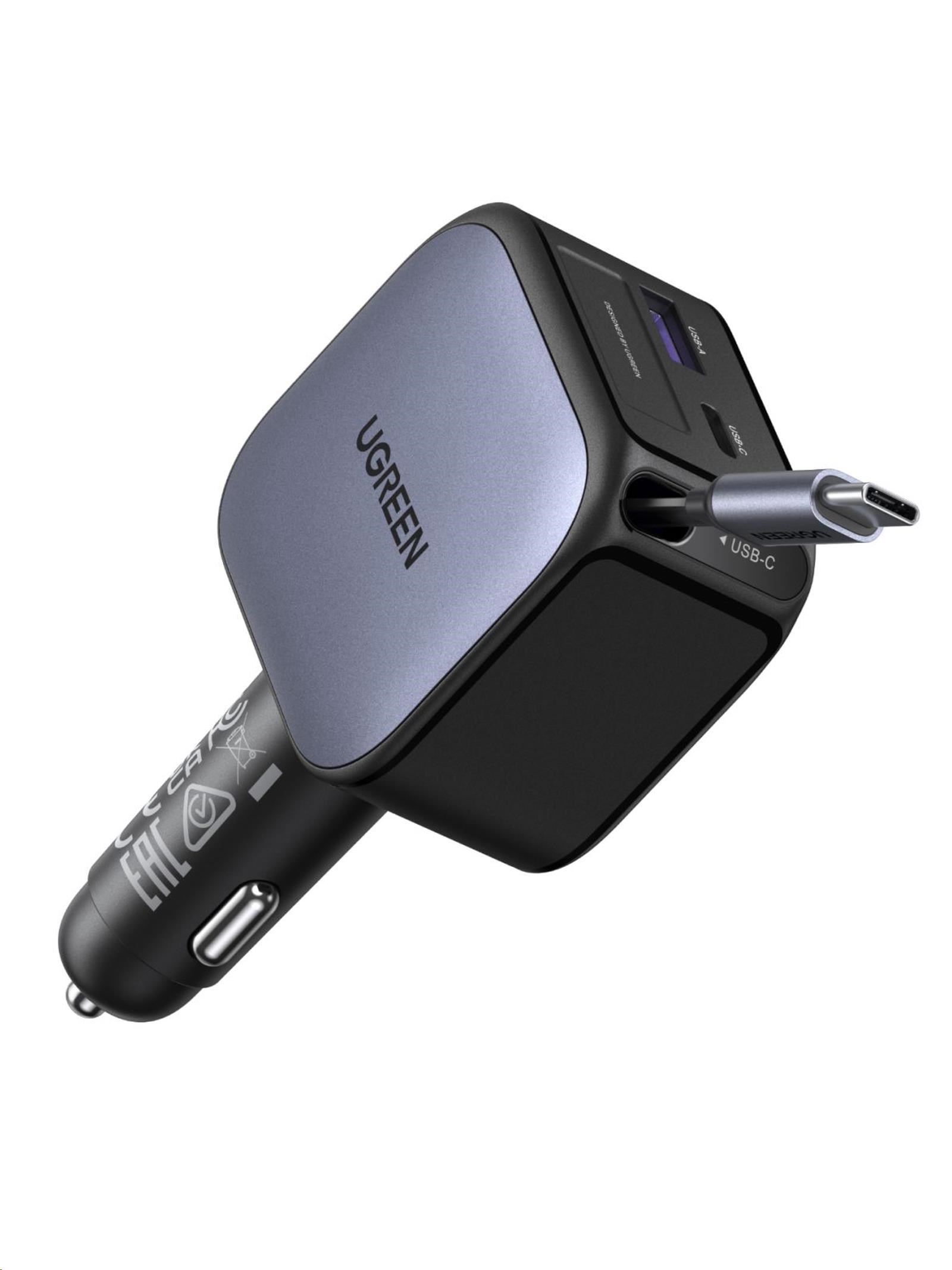 UGREEN rychlonabíječka do auta se zatahovacím kabelem 145W 3-Port,  2x USB-C, 1x USB-A,  GaN,  stříbrná0 