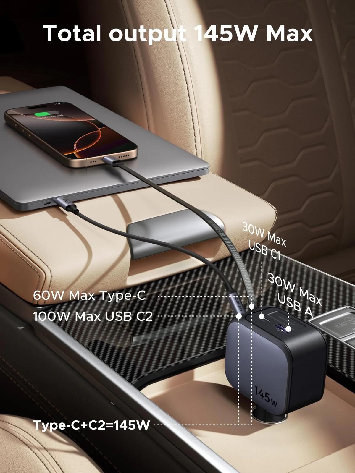 UGREEN rychlonabíječka do auta se zatahovacím kabelem 145W 3-Port,  2x USB-C, 1x USB-A,  GaN,  stříbrná2 