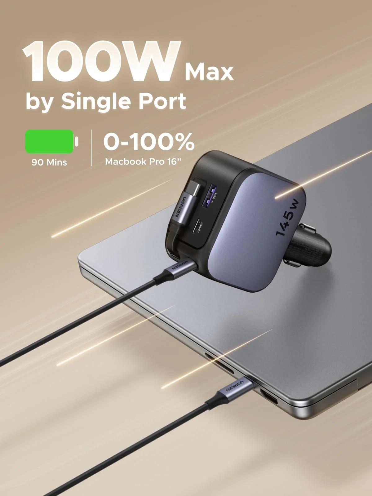 UGREEN rychlonabíječka do auta se zatahovacím kabelem 145W 3-Port,  2x USB-C, 1x USB-A,  GaN,  stříbrná3 