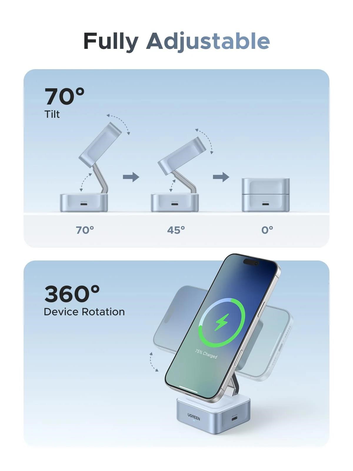 UGREEN magnetická bezdrátová nabíječka 2v1 MagFlow Qi2.2,  25W,  MagSafe,  stříbrná1 