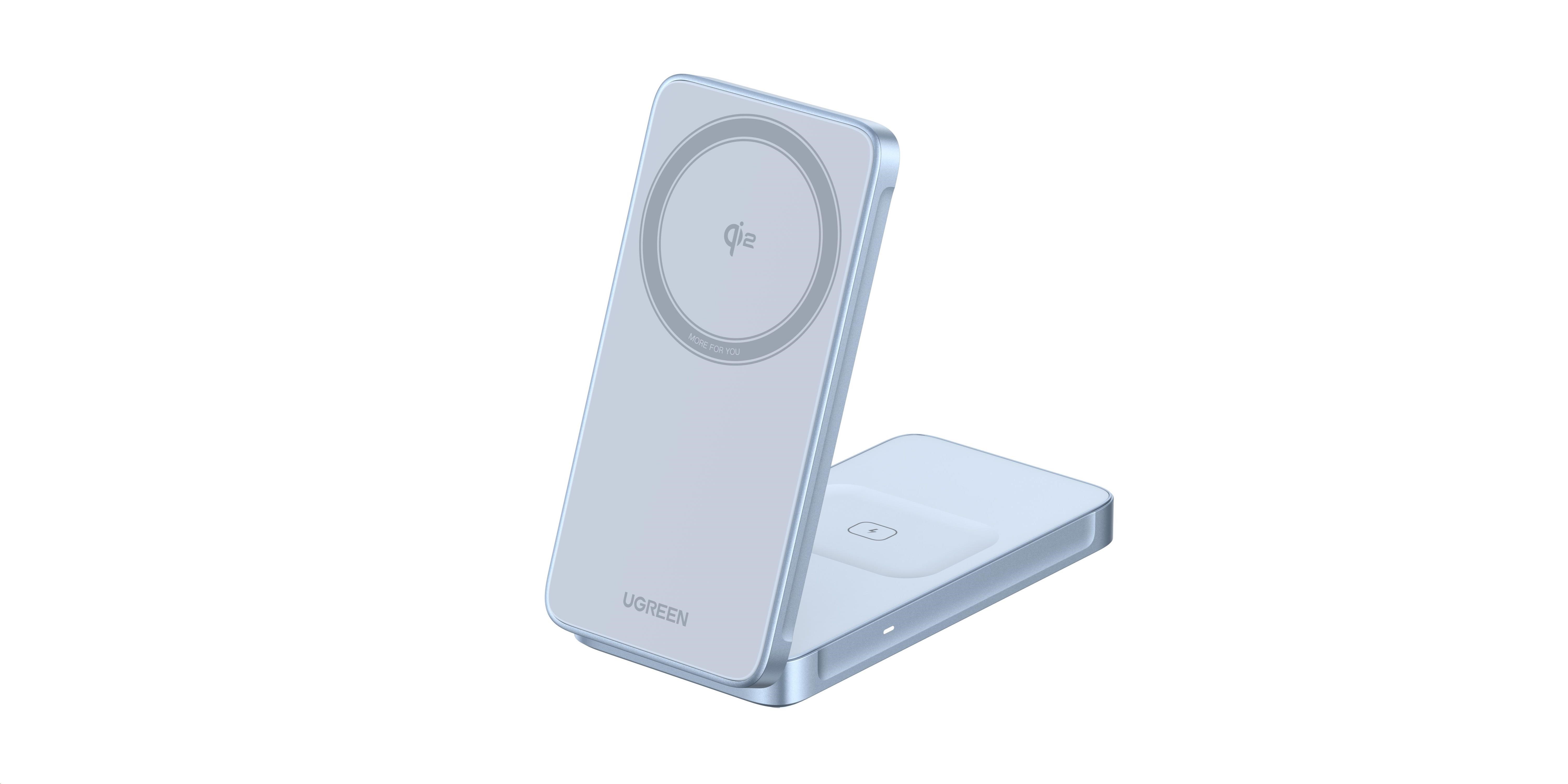 UGREEN magnetická bezdrátová nabíječka 2v1 MagFlow Qi2.2,  25W,  MagSafe,  stříbrná4 