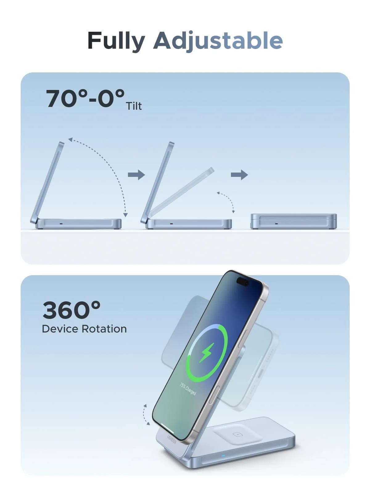 UGREEN magnetická bezdrátová nabíječka 2v1 MagFlow Qi2.2,  25W,  MagSafe,  stříbrná6 