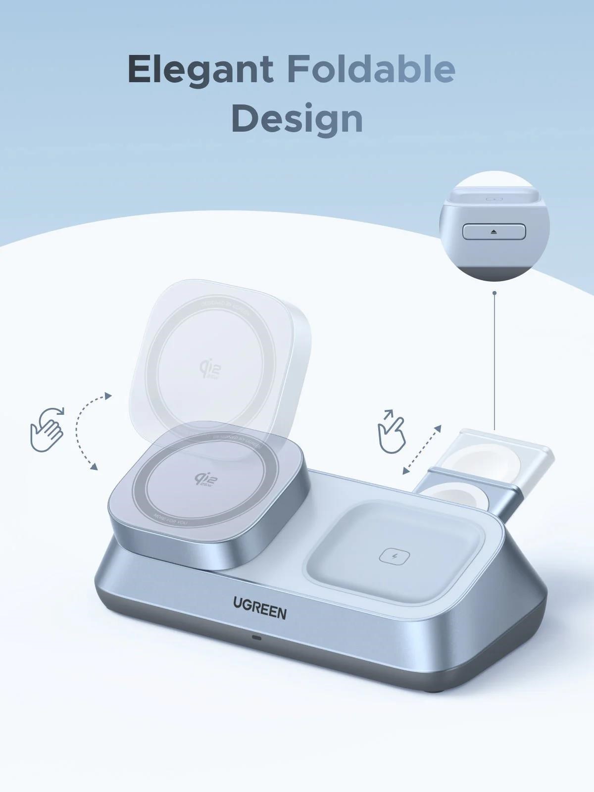 UGREEN magnetická bezdrátová nabíječka 3v1 MagFlow Qi2.2,  25W,  MagSafe,  stříbrná5 