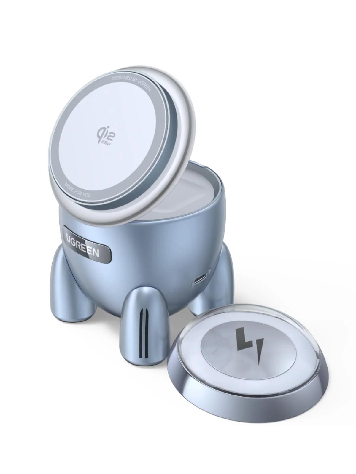 UGREEN magnetická bezdrátová nabíječka 2v1 MagFlow Qi2.2,  25W,  MagSafe,  raketa,  stříbrná0 