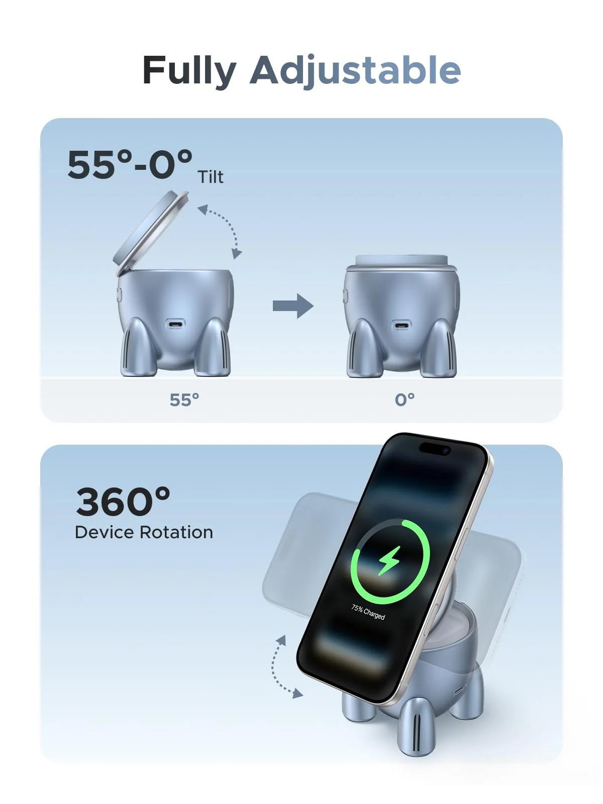 UGREEN magnetická bezdrátová nabíječka 2v1 MagFlow Qi2.2,  25W,  MagSafe,  raketa,  stříbrná6 