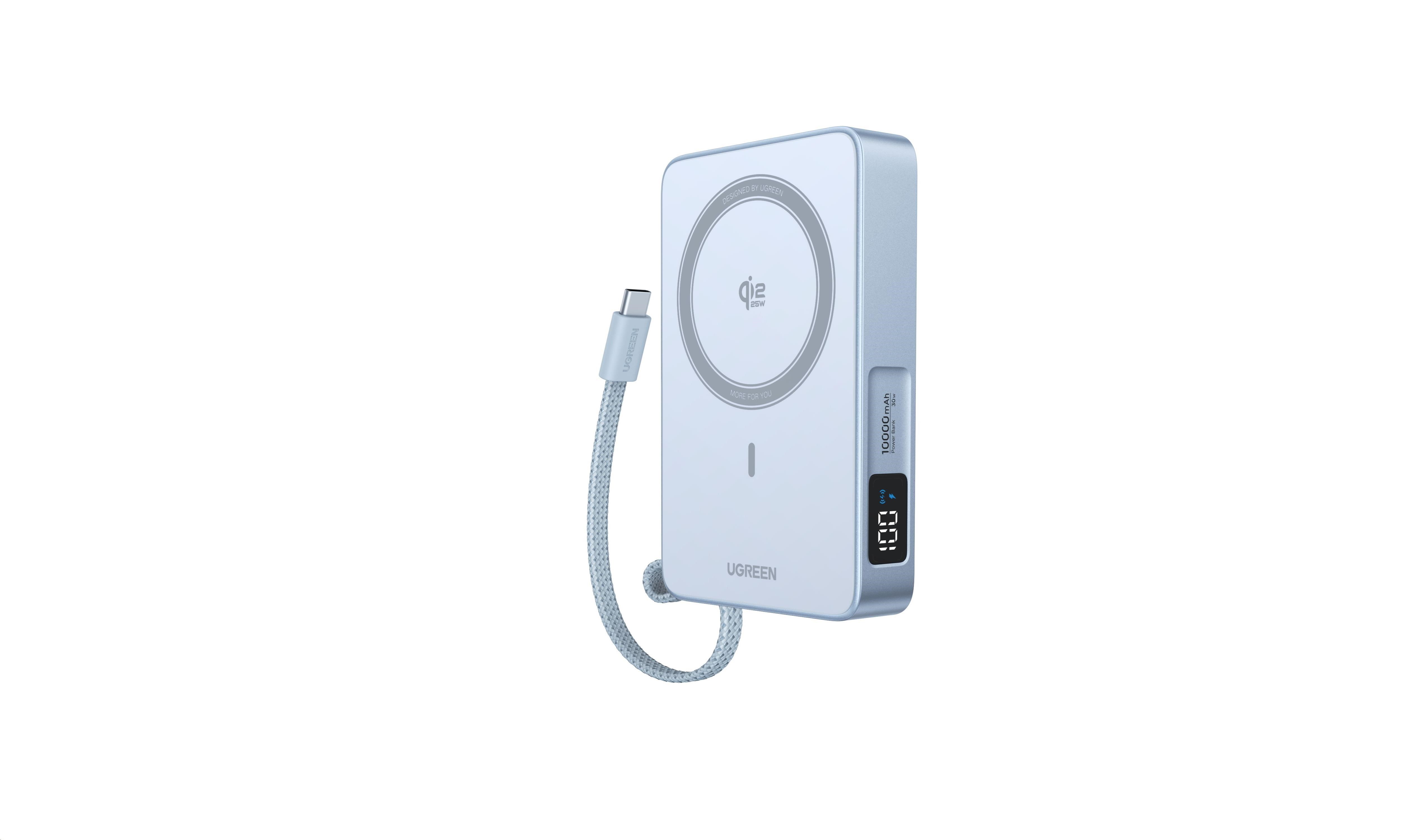UGREEN magnetická powerbanka MagFlow 10000mAh s diplejem,  Li-ion,  30W,  MagSafe,  2x USB-C,  stříbrná1 