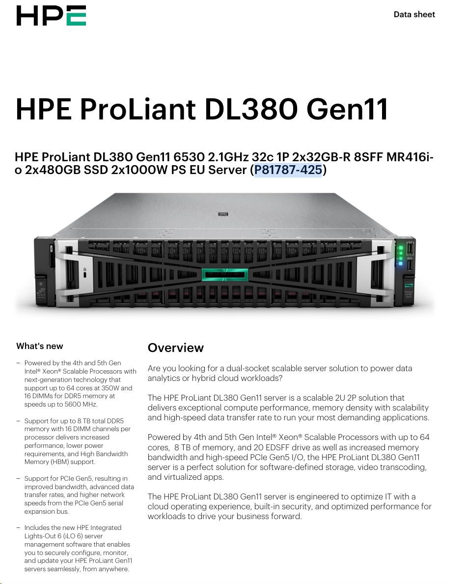 HPE PL DL380g11 6530 (32C) 64G 2x480G MR416 + VM Essentials 5y (S5Q83AAE) se slevou 50%8 