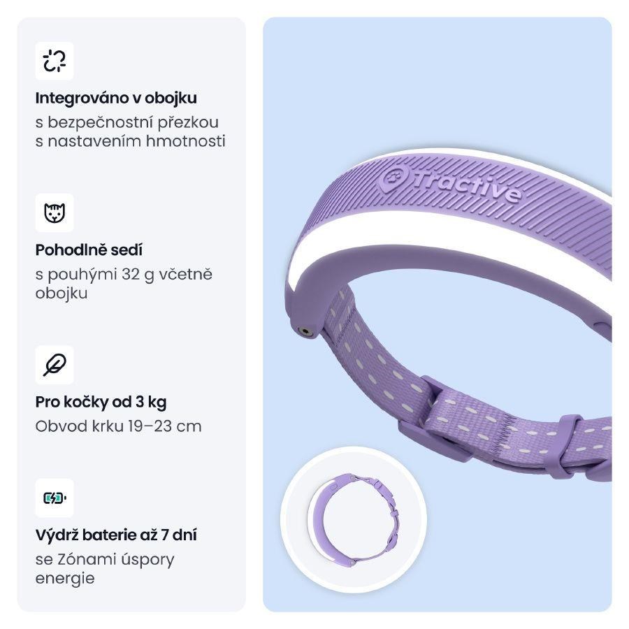 Tractive CAT 6 Mini – chytrý GPS lokátor pro kočky a monitor zdraví s integrovaným obojkem - levandulový6 