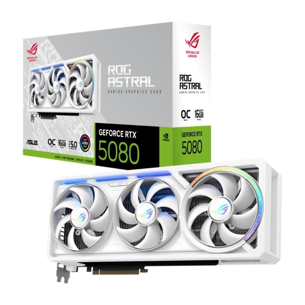 ASUS VGA NVIDIA GeForce RTX 5080 ROG ASTRAL WHITE 16GB OC,  16GB GDDR7,  3xDP,  2xHDMI0 