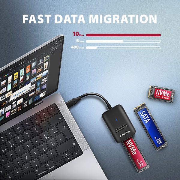 BAZAR - AXAGON ADM2-CM USB-C 10Gbps - M.2 NVMe & SATA SSD adaptér,  kabel USB-C 10cm - Poškozený obal (Komplet)2 