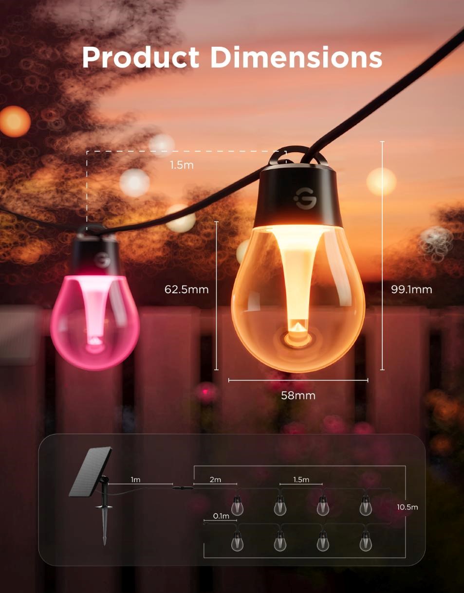 Govee RGBICW Smart solární zahradní retěz 8 žárovek8 