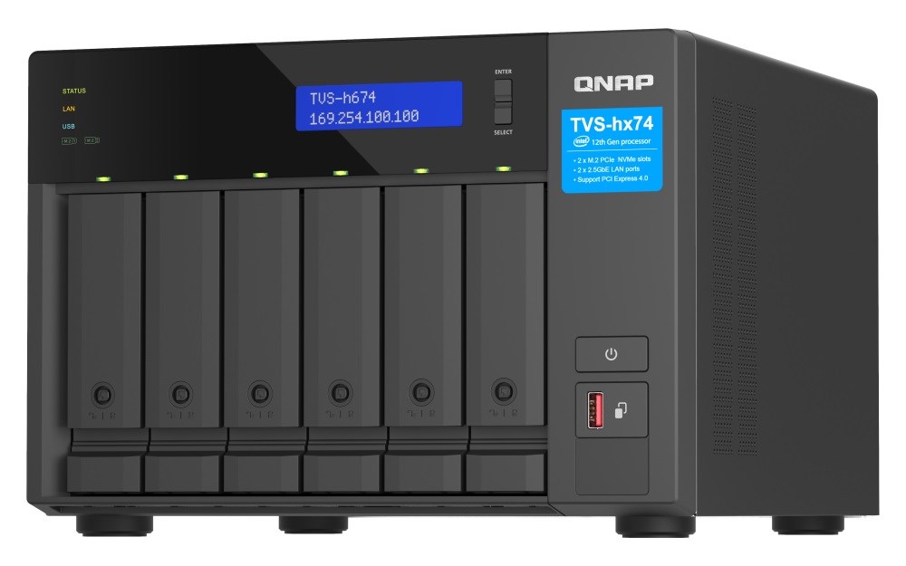 QNAP TVS-h474-i3-8G (4core 4, 3GHz, ZFS, 16GB RAM, 4x SATA, 2x M.2 NVMe, 2x PCIe, 2x 2, 5GbE, HDMI)