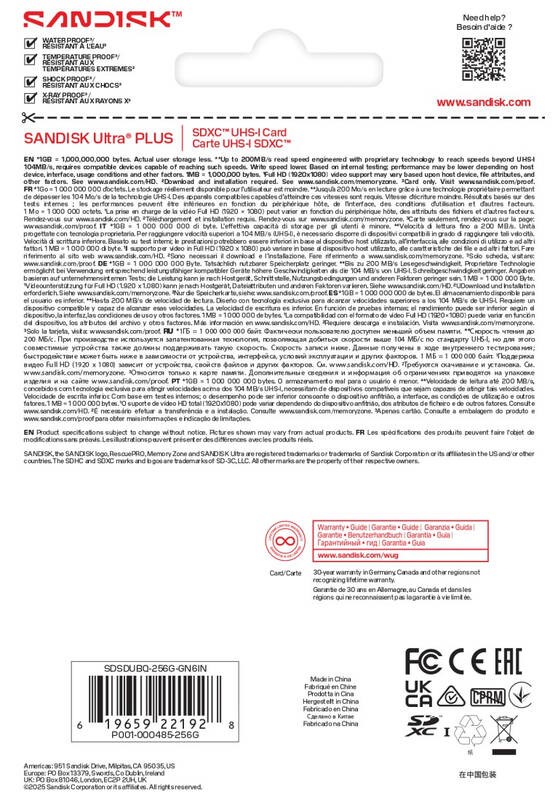 Sandisk Ultra PLUS SDXC karta 256GB UHS-I,  V10,  U1,  C10,  (200MB/ s)4 