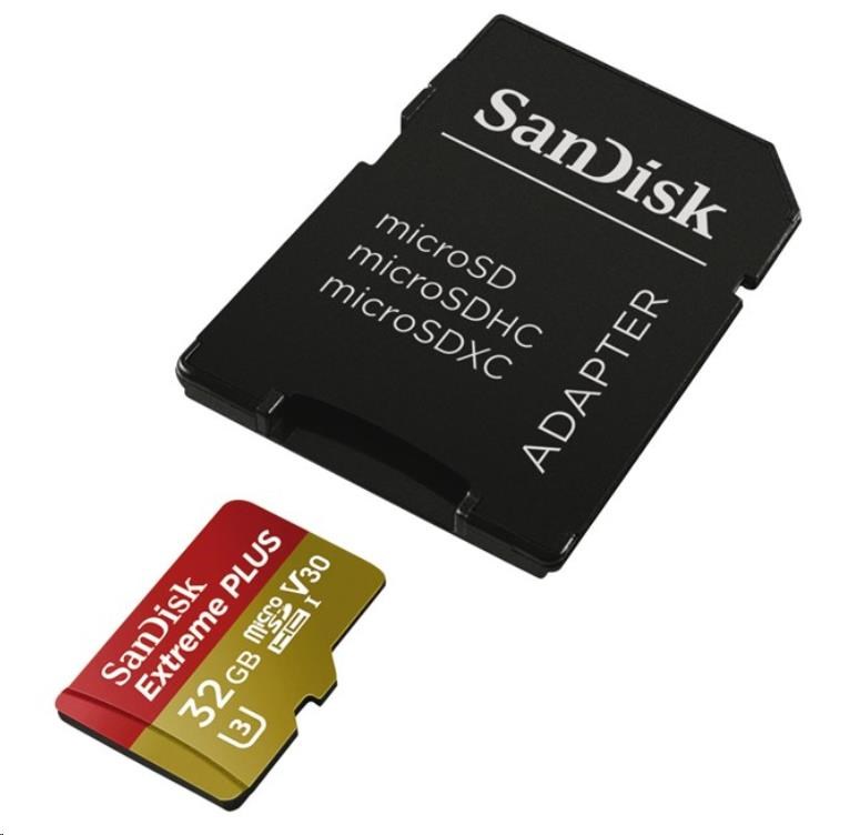 SanDisk MicroSDHC karta 32GB Extreme PLUS (R100/ W90MB/ s,  UHS-I V30,  Rescue Pro Deluxe) + adaptér1 