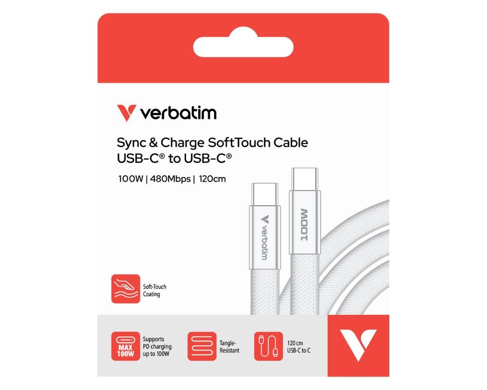 VERBATIM Kabel Sync & Charge SoftTouch USB-C,  100W,  120cm,  bílá3 